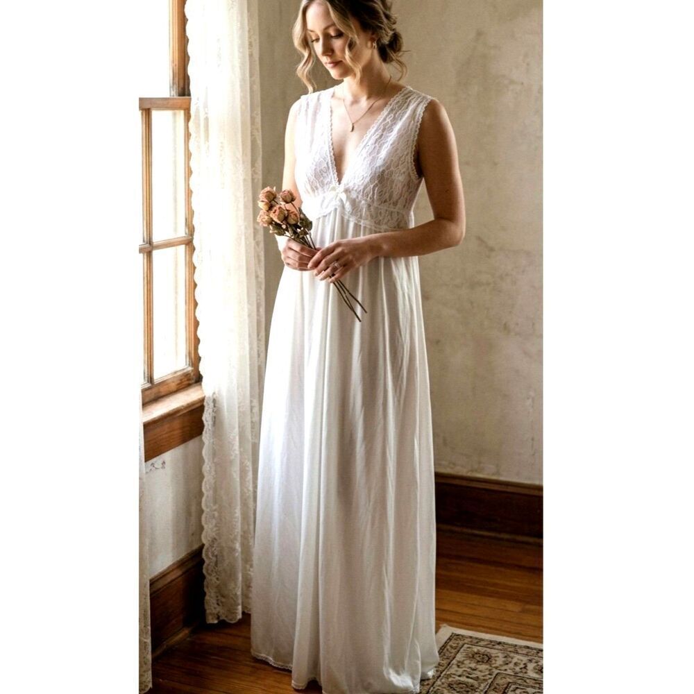 Vintage 80s Sportlite Lace Nylon Nightgown Ivory Maxi M Fairy Bridal USA - Picture 1 of 9